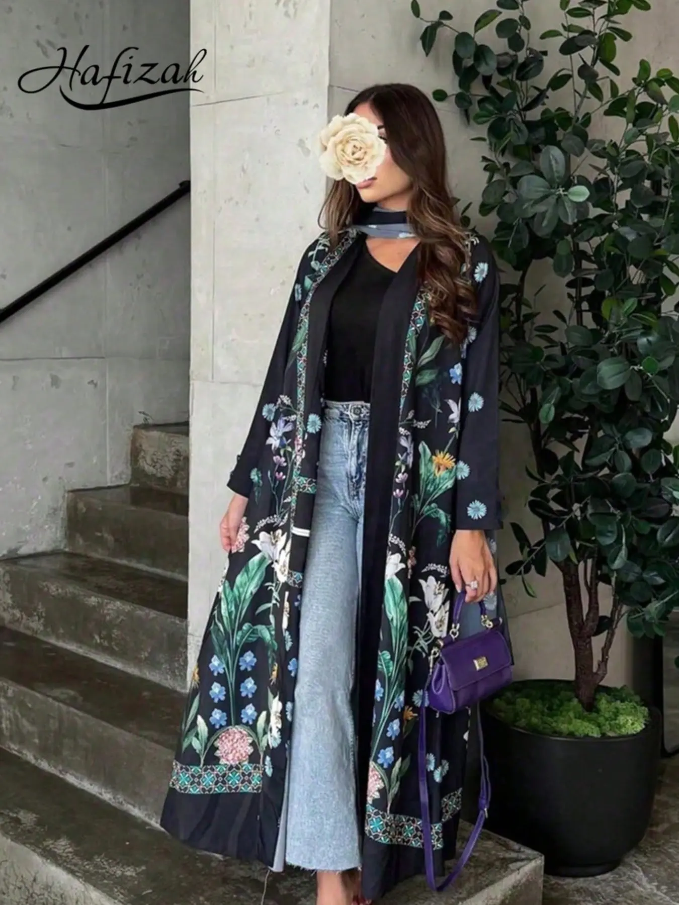 Vintage Floral Print Set, Geometric Trim Wide Sleeve Cardigan with Matching Rectangular Scarf, Loose-Fit Outerwear for All Seasons, Aesthetic