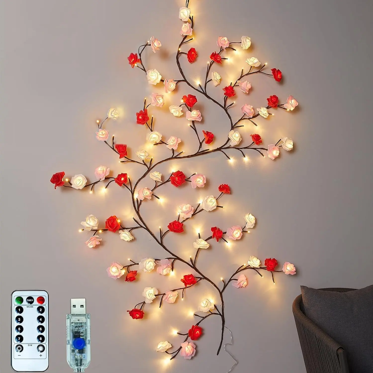 Festive Rose LED Flower Branch Wall Lights - 63in Willow Vine Twig Garland with 72 LEDs, Remote Control, 8 Lighting Modes for Indoor Christmas Home Wall, Door Decor (Indoor Recreation Gear), Wall Decor