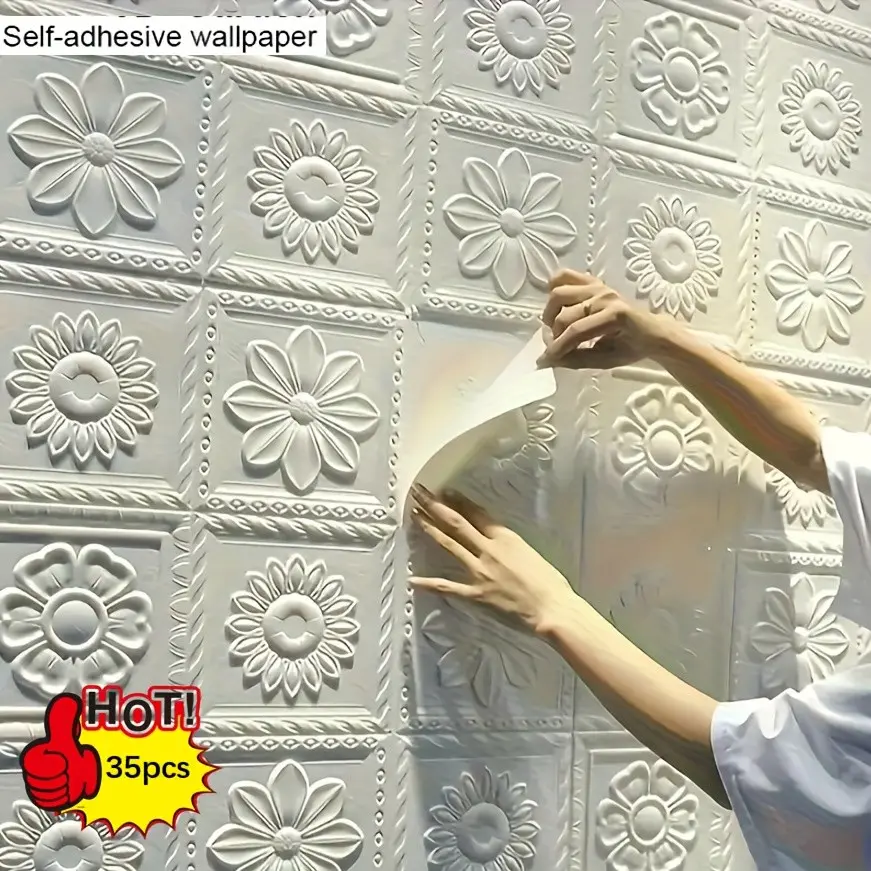 35pcs Self-Adhesive Wall Panels, 3D Floral Wallpaper Stickers, Indoor Wall Decor, Bathroom Wall Tiles, Plastic Ceiling, Peel and stick wallpaper designs