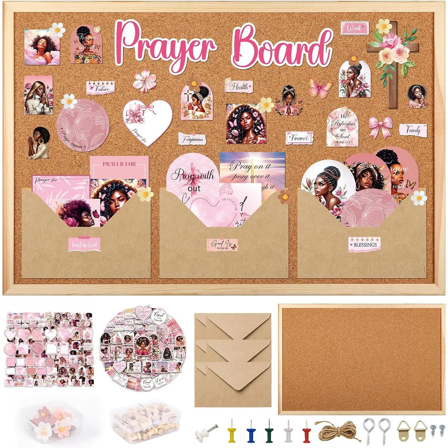 Black Girl Prayer Board Kit Prayer Boards Supplies 15.7 x 11.8 Inch | 180 count Prayer Board Kit, Cork Board Pins Envelope Stickers  Verse Quotes Card, Vision Board Decor,  Study Supplies