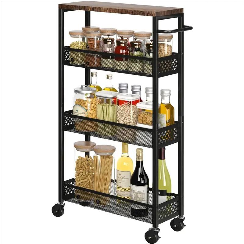 4-Tier Slim Rolling Cart with Wooden Tabletop,Mobile Metal Utility Storage Cart,Slide Out Narrow Cart for Tight Spaces on Bathroom Kitchen Laundry Room Bedroom Apartments Dormitory Deals For You Days