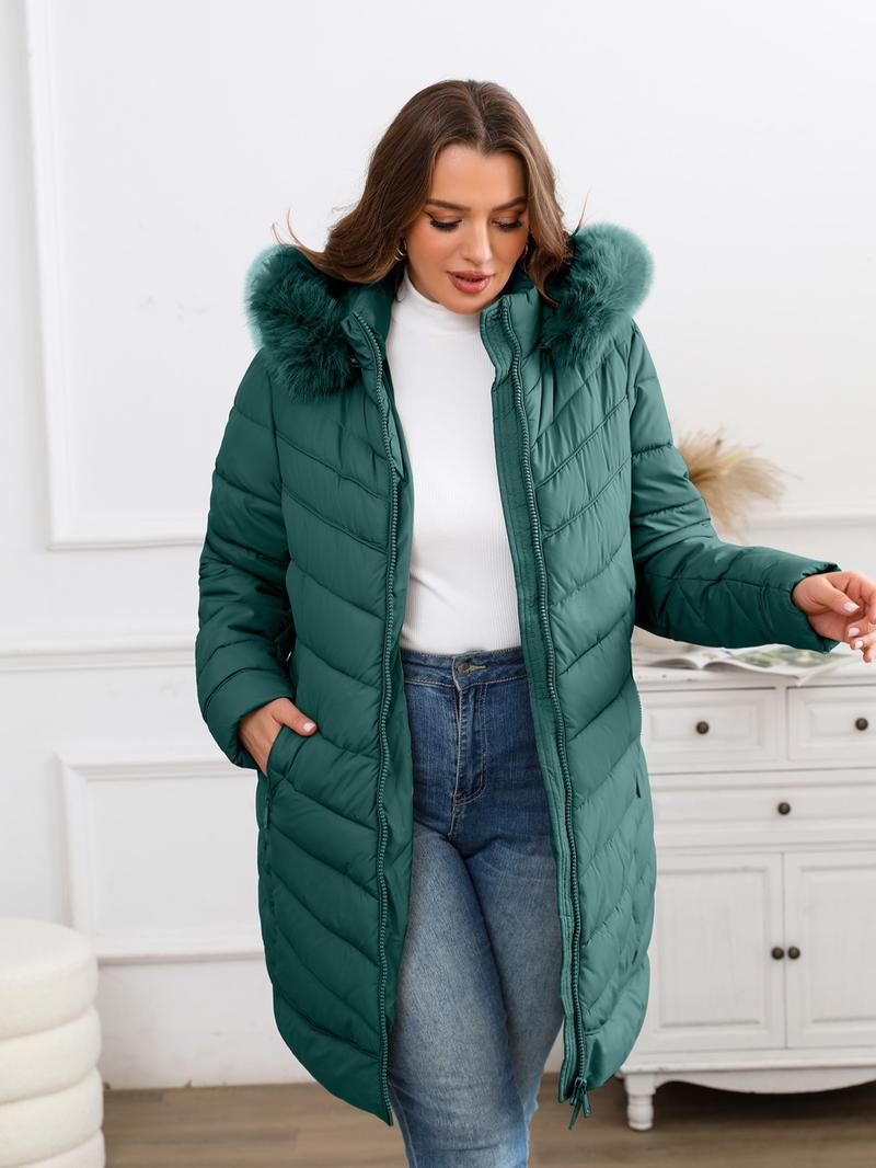 Women's Winter Elegant Simple Hooded Cotton Jacket, Mid-Length Fur Collar Zipper Pocket Coat, Commuter Casual Long Sleeve Outerwear
