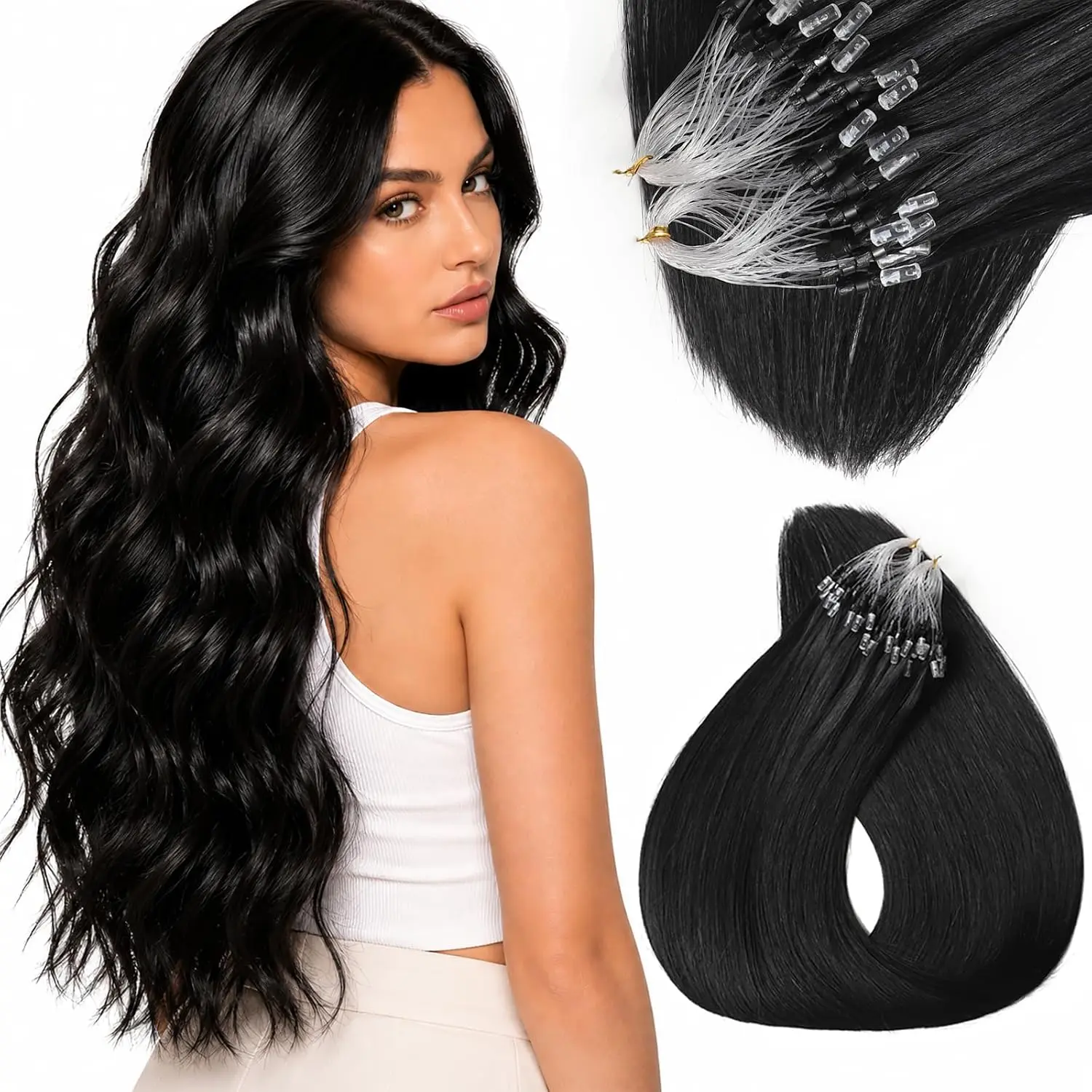 Link Hair Extensions Real Human Hair,  Bead Extensions for Women, Seamless Blending with -Lined Rings, 57G 50S 18 Inch (#1 Jet Black)
