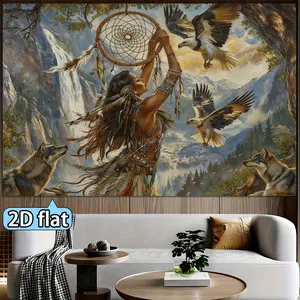 2D Flat, 1pc Indian Tribe Eagle Wolf Dream Catcher Tapestry - Horizontal Wall Hanging with & Tribal Patterns, Suitable for Decor, Dorm Room, Office - Cultural Banner Cloth for Southwestern Bohemian Decoration, 2D Flat