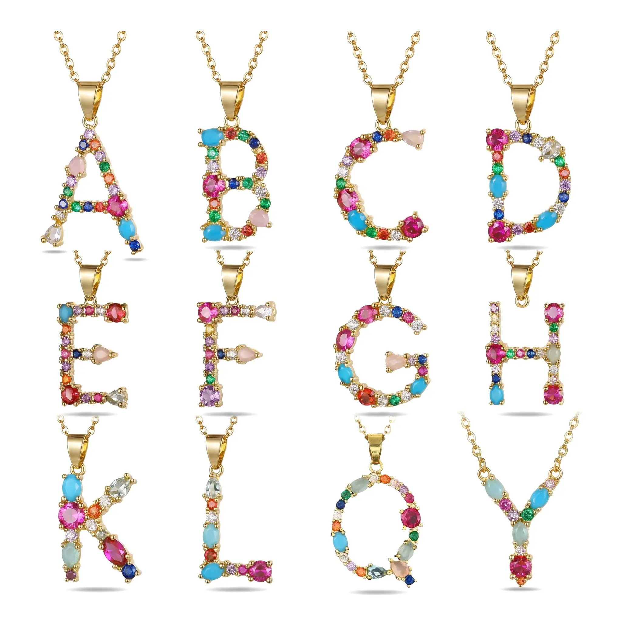 Women's Personalized 26-Letter Copper Pendant Necklace, Micro-Set Colored Zirconia, Trendy Hip Hop Collarbone Choker, Daily Wear Gift Idea, Non-Natural Crystal Necklace, Necklaces