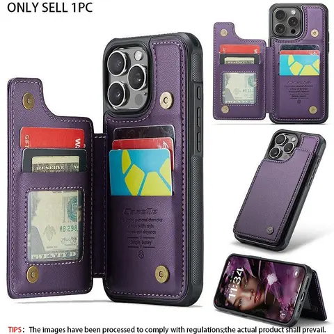 Suitable for iPhone 11, 12, 13, 14, 15, 17 Pro Max wallet case with card clip, RFID recognition, credit card slot, tripod, Shockproof Anti Drop, Protective, women's, purple, Gift Protective Shockproof