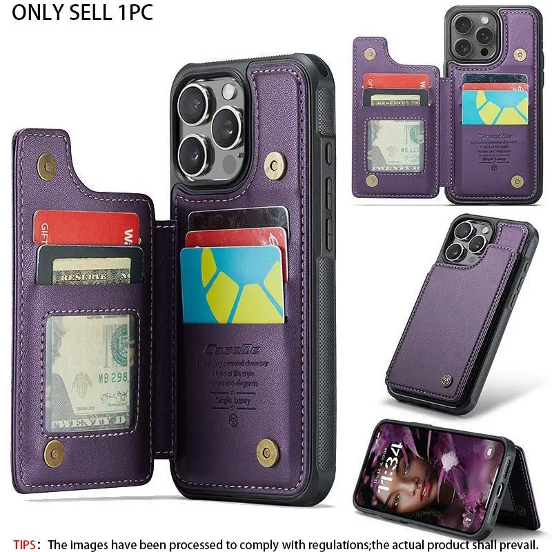 Suitable for iPhone 11, 12, 13, 14, 15, 17 Pro Max cellphone wallet protection cover case with card clip, RFID recognition, credit card slot, tripod, Shockproof Anti Drop, Protective, Durable Protector, women's, men's, purple Smartphone