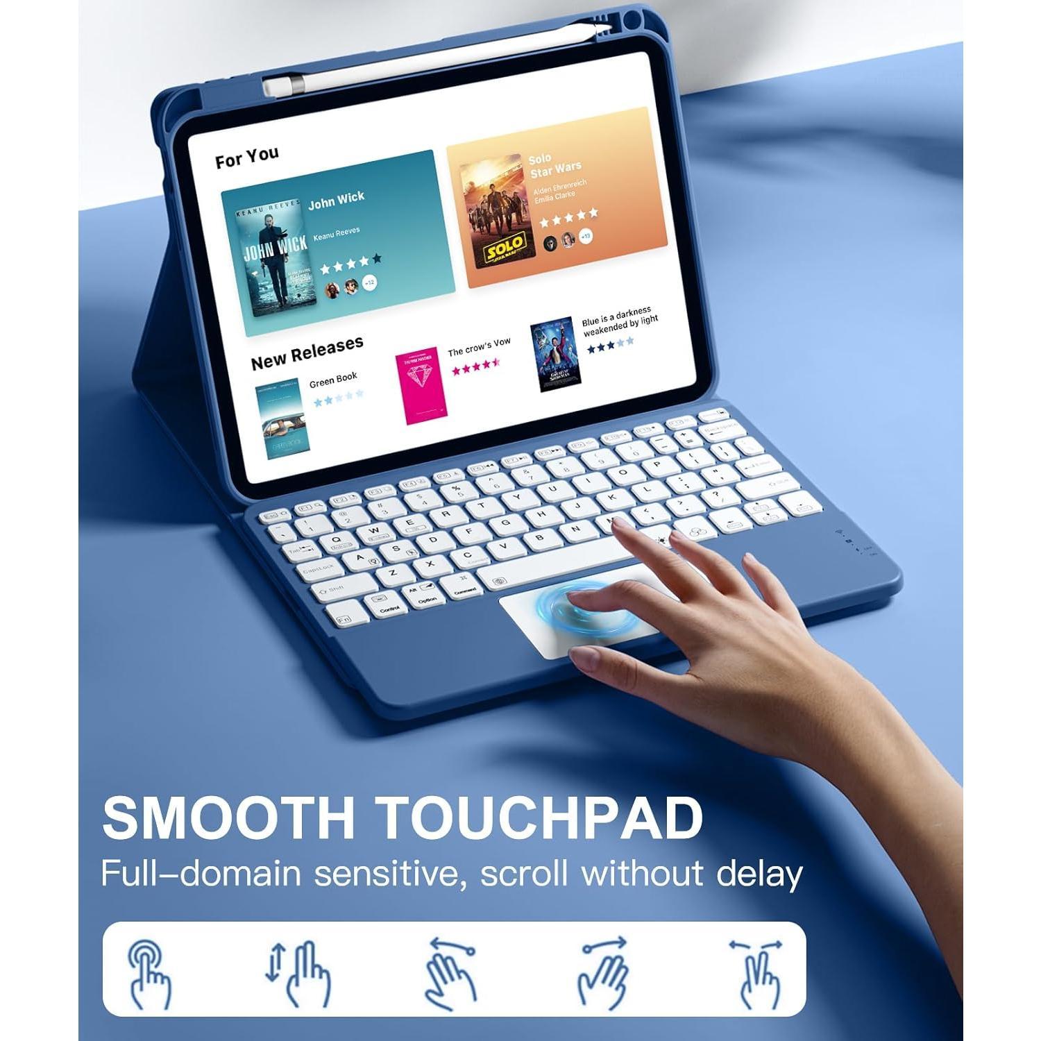 Compatible for iPad 11th 10th Generation Case with Keyboard, Folio Cover with Pencil Holder, Multi-Touch Trackpad, 7 Color Backlit, Detachable Keyboard for iPad (A16) 11th/10th Gen (Navy Blue)