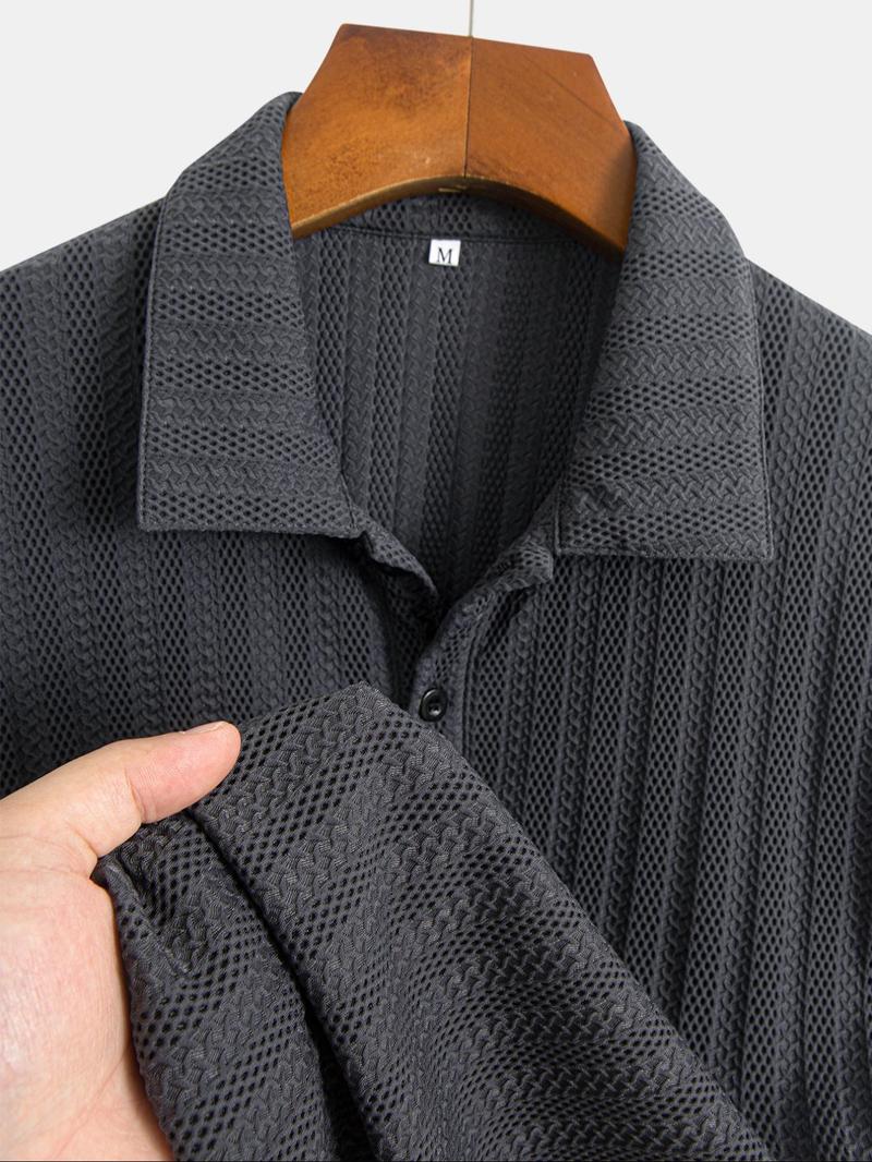 Men's Regular Fit Solid Jacquard Button Textured Polo Shirt, Casual Short Sleeve Polo Top for Summer, Fashion Men's Clothes for Daily Wear