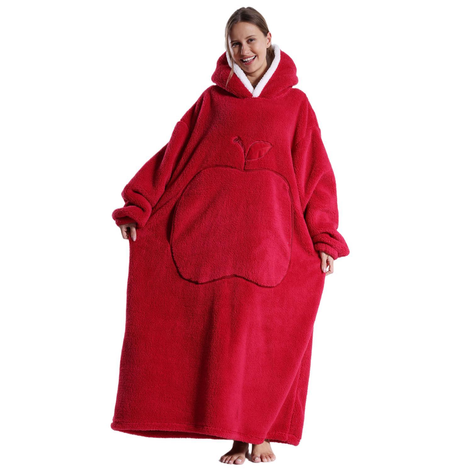 Solid Color Hooded Blanket, 1 Count Apple Pattern Oversized Blanket Hoodie, Ultra Soft Warm Wearable Blanket Sweatshirt for Women & Men, Gift for Ladies, Cozy Hooded Blanket