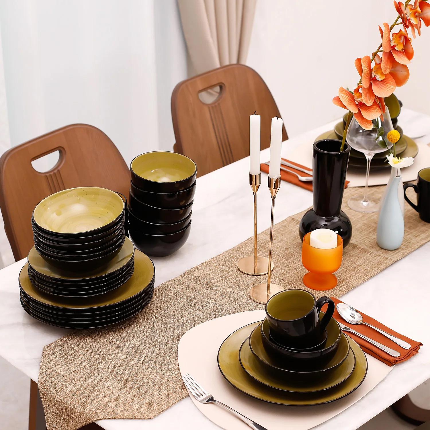 Handpainted Sonoma Green 16pc Ceramic Dish of Plate High-End Luxury Kitchen Bowls With Coffee Mug Premium Dinnerware Sets for 4