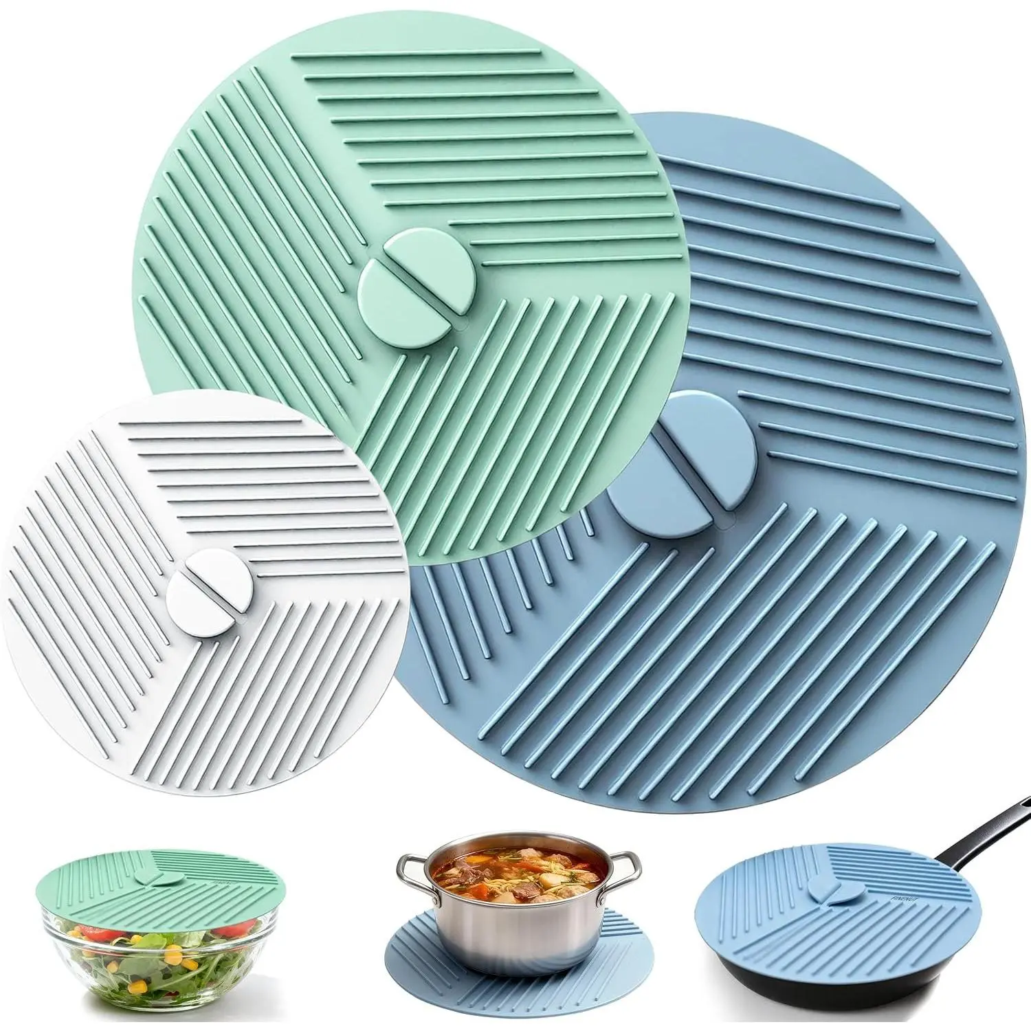 3-Pack Stackable Synthetic Cooking Bowl Covers (6/8/10 in) with Ridges, Heatproof Multi-Use Pot Holders Trivet Mats, Microwave Splatter Protection, Storage-Friendly, Dishwasher Safe for Pans Plates Cups
