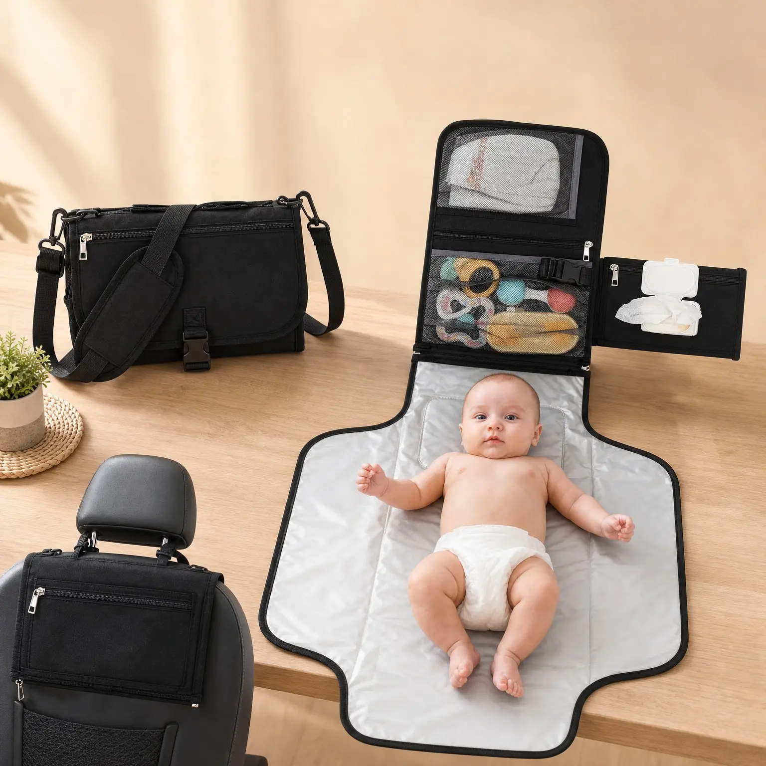 Portable Waterproof Diaper Changing Pad, Travel Baby Changing Mat, Newborn Essentials, Baby Shower Gift, Black(Gift)