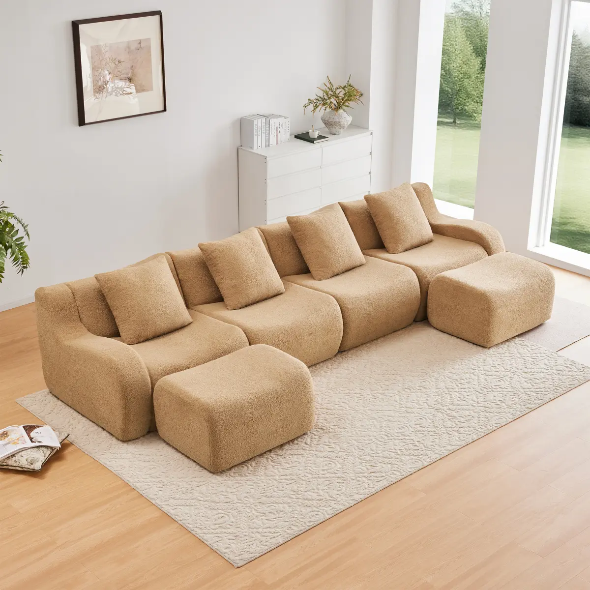 Aobtkel U-Shaped Soft Teddy Fabric Boneless Sectional Sofa - Sofa Sectional Couch with Curved Arms, Anti-Slip Base, 32D High-Density Foam, Streamlined Design, No Assembly Needed, for Living Rooms, Green