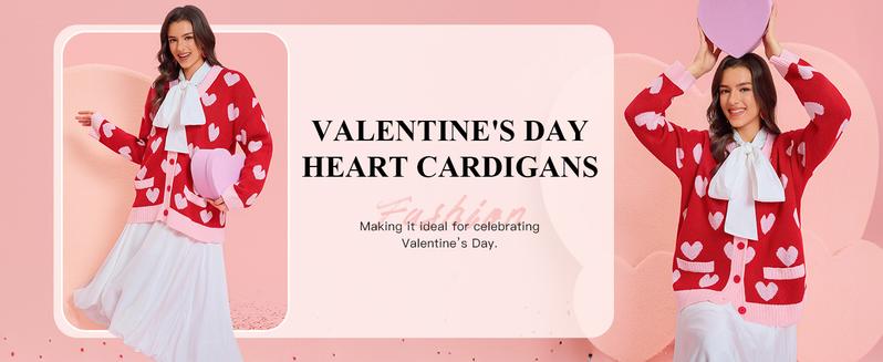 Saodimallsu Womens Oversized Heart Cardigan Color Block V Neck Button Long Sleeve Chunky Valentines Sweaters with Two Pockets & Contrast Trim