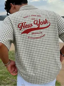 Men’s Olive White Small Gingham Plaid Loose Short Sleeve Collared Button Up Shirt, Back Burgundy Vintage Script "New York Brooklyn" Slogan Print With Phrase "HAVE A GOOD DAY 1998 EXTRAORDINARY", Relaxed American Retro Campus Casual Blouse