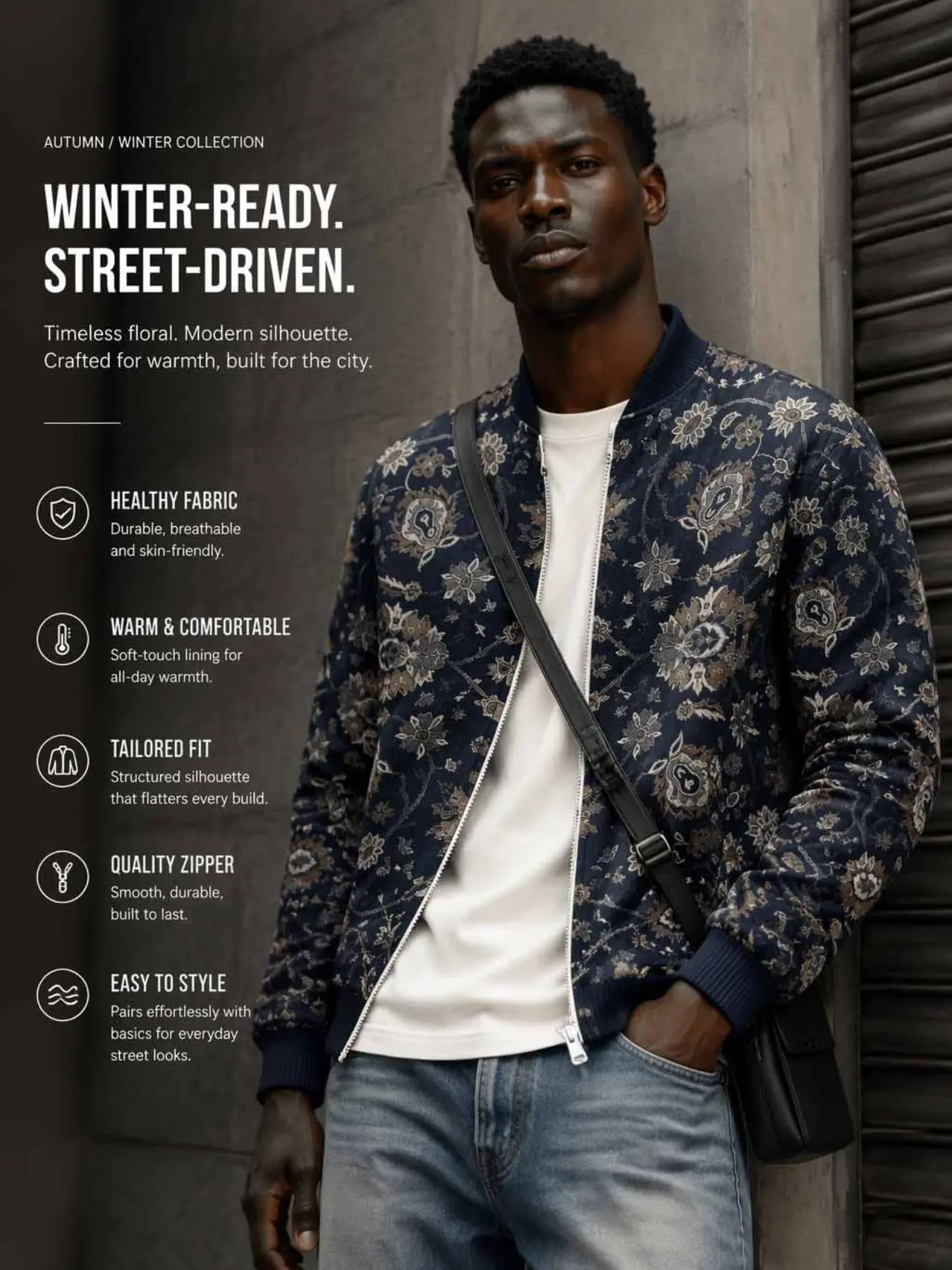 Men's Vintage Floral Jacquard Full Zip Bomber Jacket, Retro Paisley Print Baseball Neck Windproof Jacket, Navy Casual Streetwear Fall Winter Outerwear