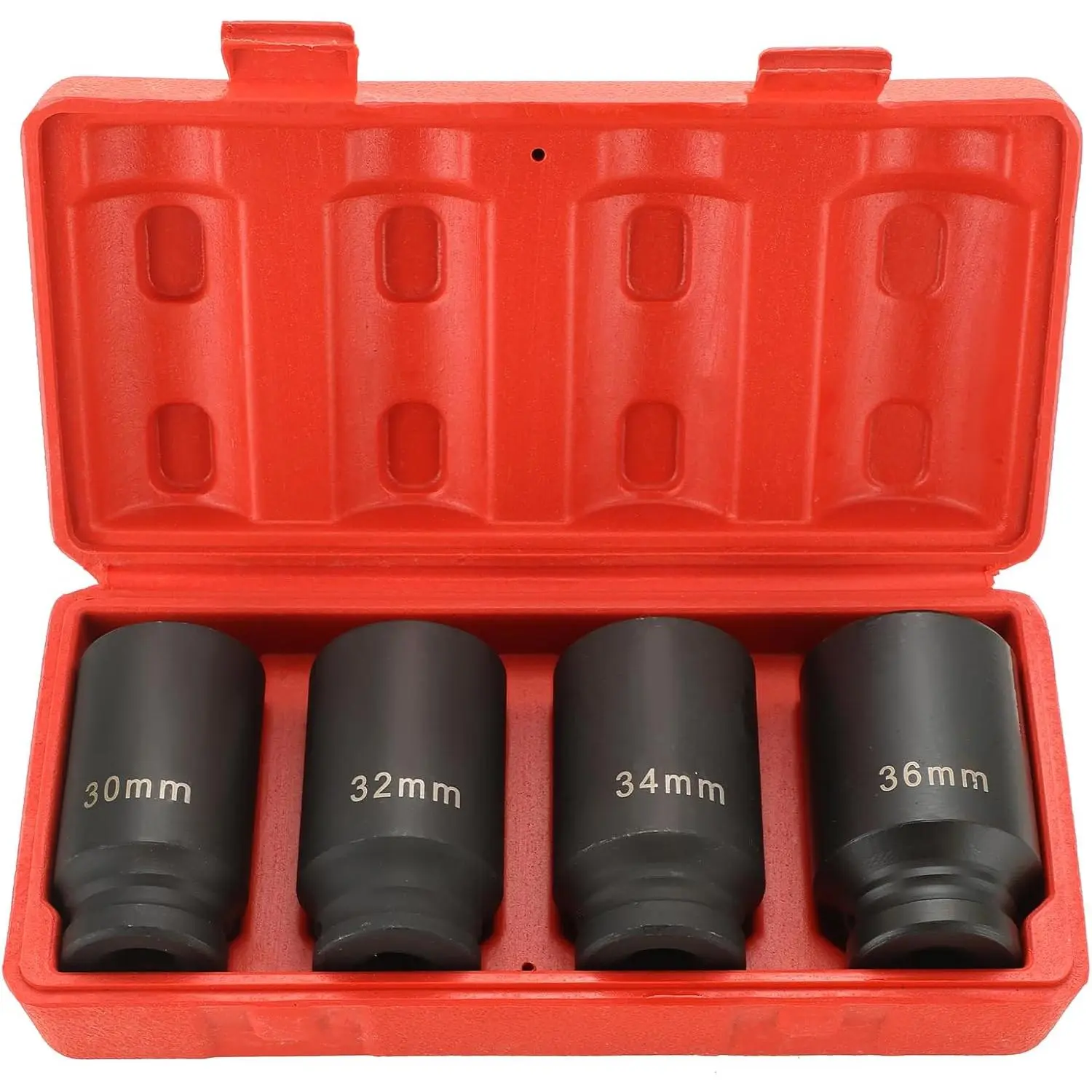 1/2-Inch Drive  Socket Set 4 count 30mm 32mm 34mm 36mm | Heavy-Duty Deep Spindle Axle Nut Socket Set, CR-MO, Metric 12 Point, Professional Axle Nut Removal and Installation Kit