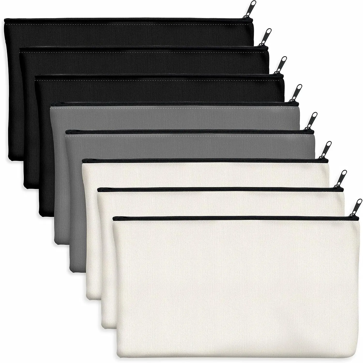 8 Count Blank Canvas Zipper Pouches - DIY Project Friendly, 2 Gray, Black, Beige, 8.3" x 4.7" Compact Multi-Purpose Bags, Multiple Stitched, Blank Surface, for Makeup/Pencils Storage, Backpack Compatible Functional Case, Daily Use