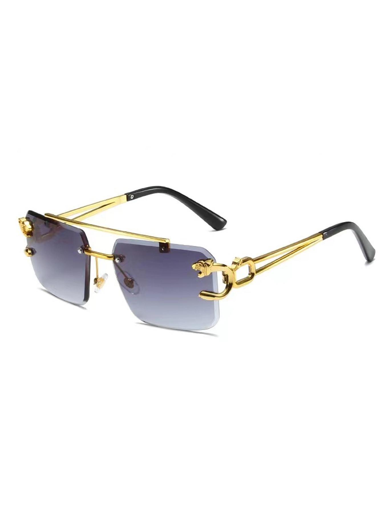 Luxury Square Gold Frame Fashion Sun Glasses Metal Leopard Rimless Sunglasses Double Bridges Gradient Ocean Film Shades UV400 Trendy Casual Sunglasses