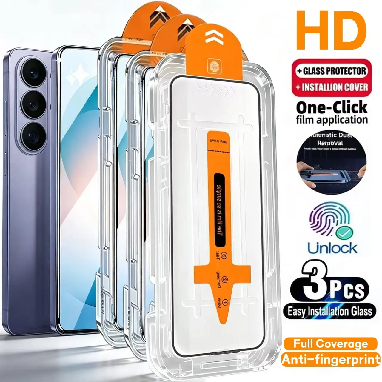 3pcs Ultra HD Smartphone Screen Protector, Tempered glass, Compatible Samsung Galaxy S26/S25/S24/Ultra/Plus/FE/S25Edge/S23FE/S23+/S22+/S21+/S20FE, One-Click Dust-Free Installation, Fingerprint Unlocking, 9H+ Hardness, Anti-Scratch, Bubble-Free Accessories
