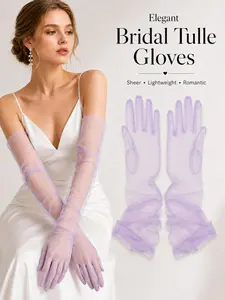 21.6" Long Lightweight Bridal Opera Gloves, Sheer Tulle Gloves, Long See-Through Ruched Mesh Gloves, Romantic Ruched Mesh Formal Gloves for Wedding Ceremony, Engagement & Bridal Shower