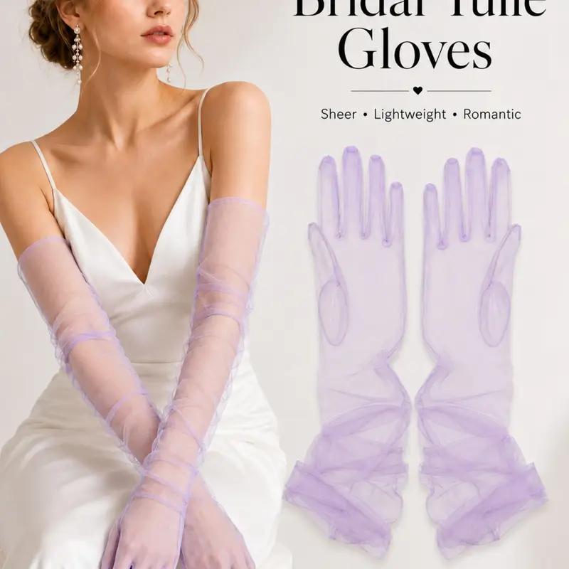 21.6 Long Lightweight Elegant Bridal Opera Gloves, Sheer Tulle Gloves, Long See-Through Ruched Mesh Gloves, Romantic Ruched Mesh Formal Gloves for Wedding Ceremony, Engagement & Bridal Shower
