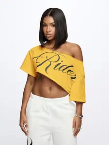 Women's Cursive Letter Print Asymmetrical Off Shoulder Crop Tee Raw Trim Short Sleeve Cropped T-Shirt 2026 Summer Streetwear Daily Trendy Going Out Stylish Viral TikTok Fashion Essential Top