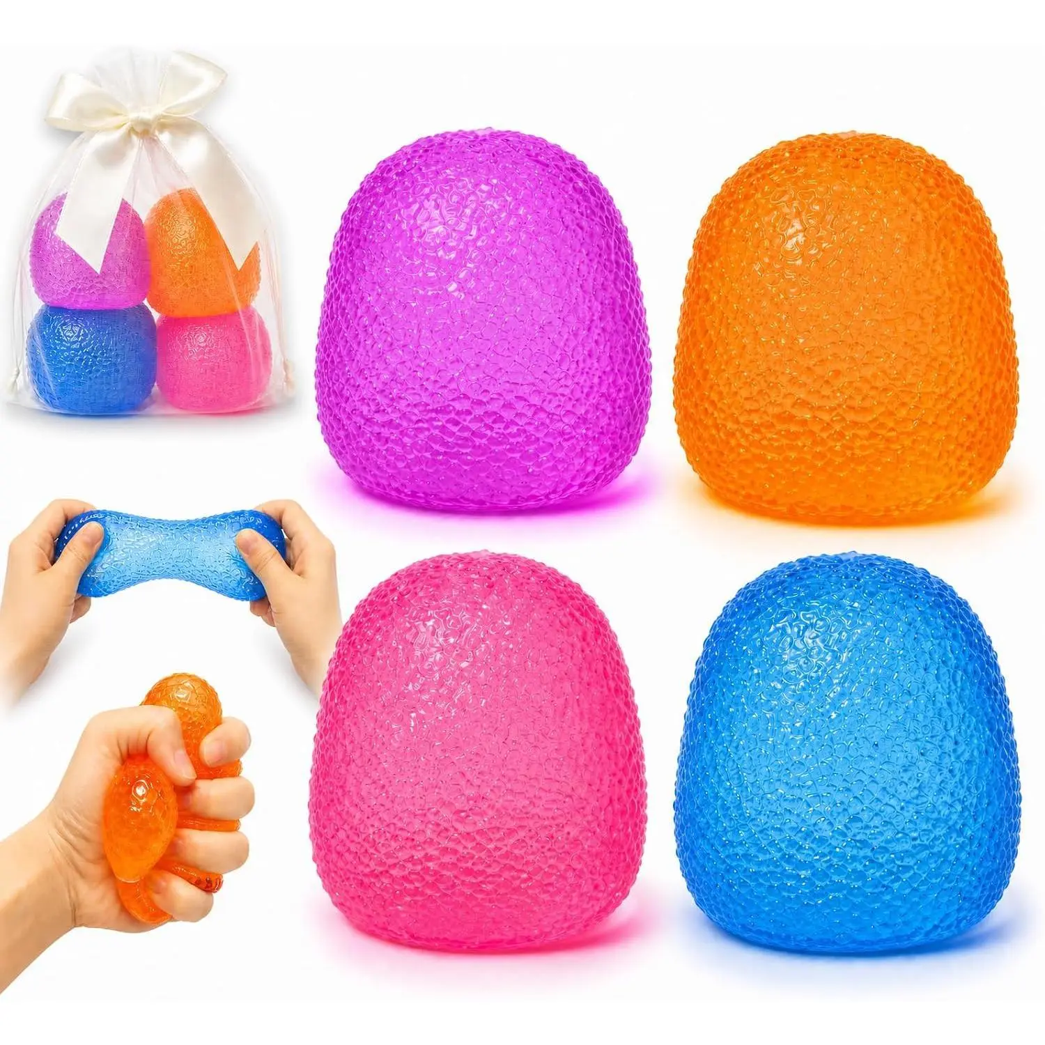 4PC Gumdrop Squishy Sugar Ball Crystal Mochi Jelly Squeeze Toys | Realistic Frosting Specks | Large 2.16x2.36 Inch Washable TPR | Silent Stress Relief | Elegant Organza Bag Party Favors