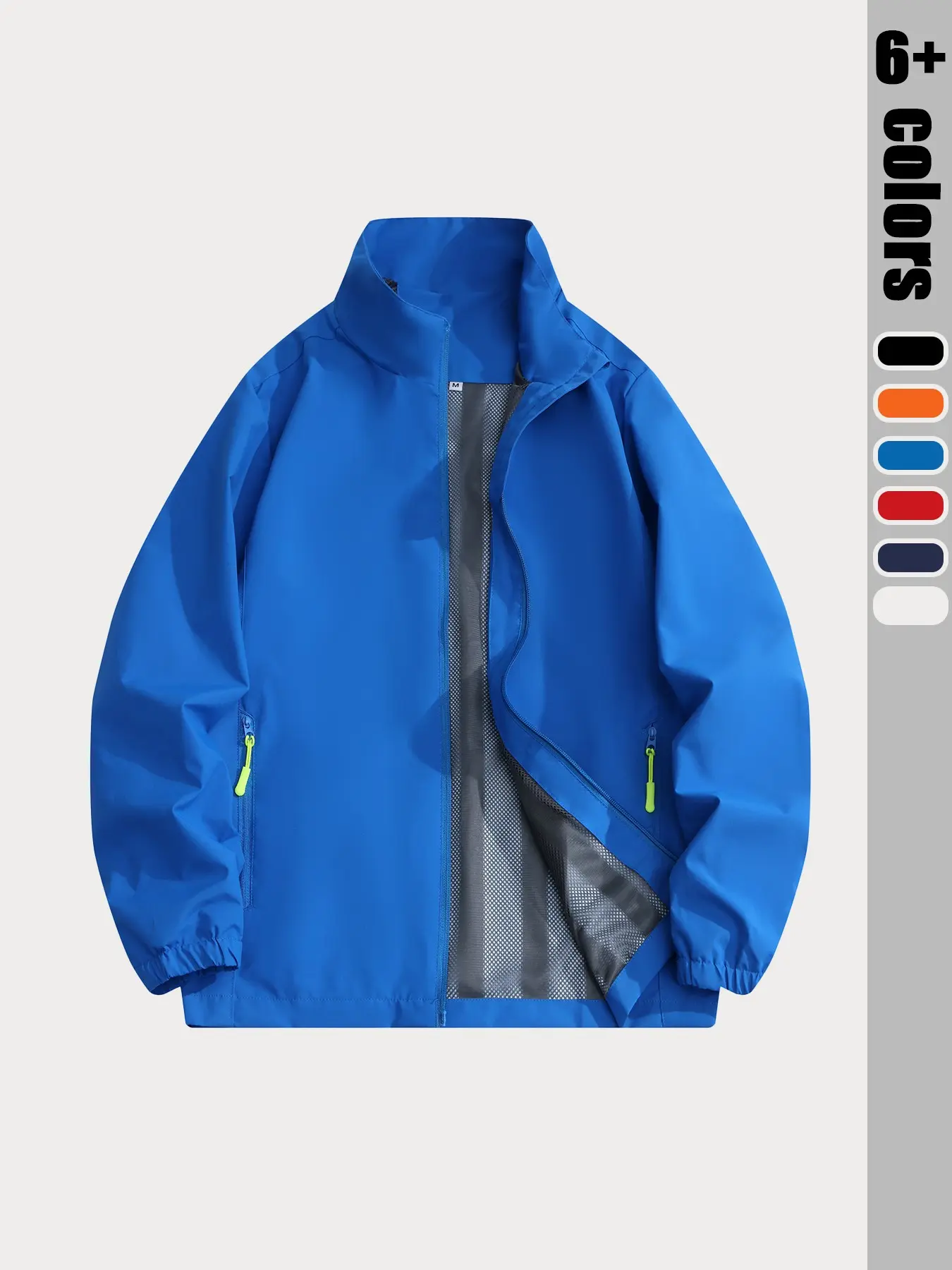 Unisex Stand Collar Waterproof Windproof Outerwear, Lightweight Outdoor Hiking Raincoat with Zip Pockets, Plain Loose-Fit Hardshell Jacket