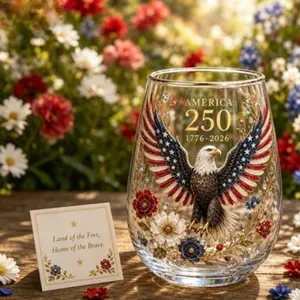 1pc 2026 New Design, American 250th Anniversary Flower Eagle Gold Edge Egg Cup Crystal Sticker, 380ML Capacity, Elegant Gift Idea