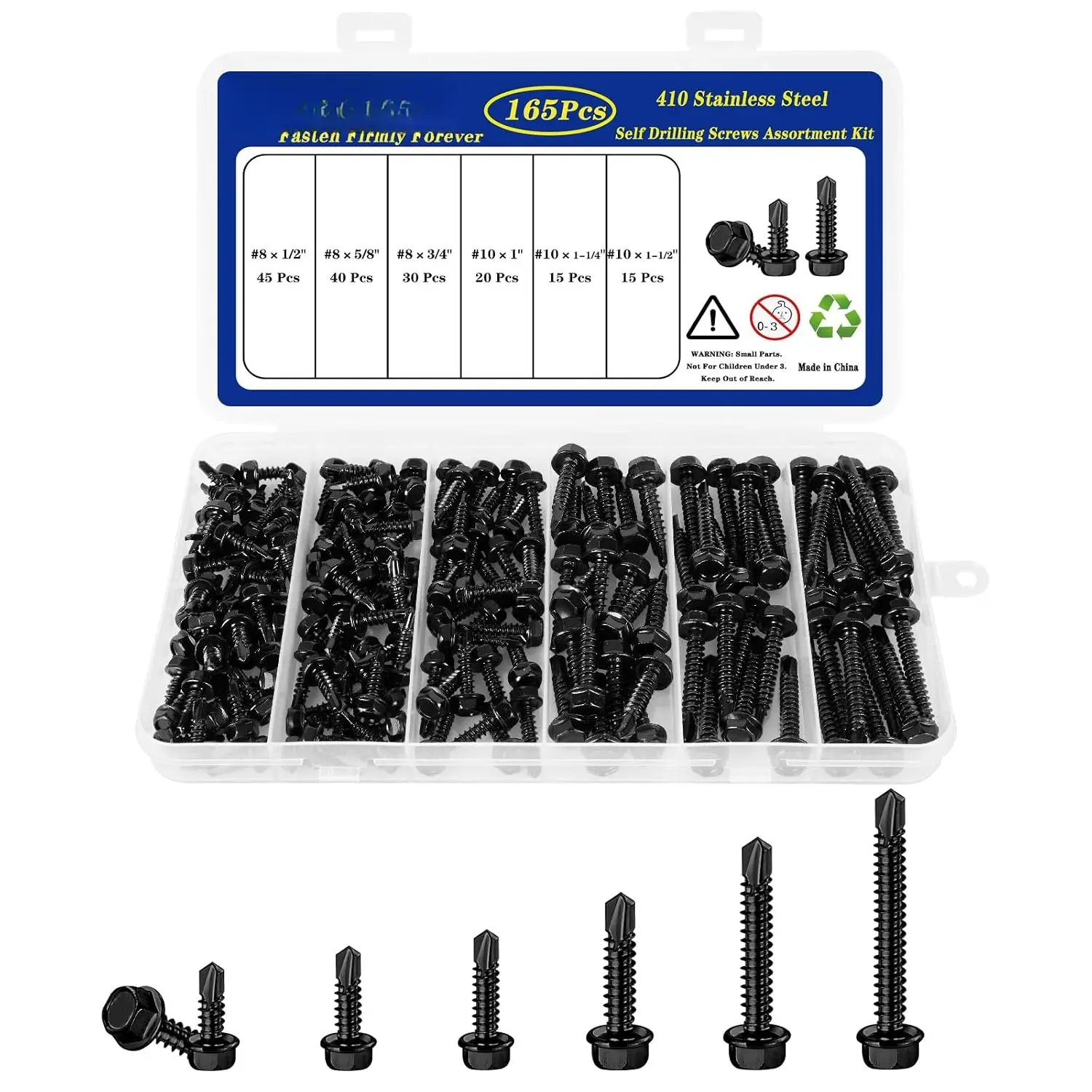 165-Count 410 Stainless Steel Rust Resistant Self Drilling Screws Kit, Hex Washers Sheet Metal Screws with #8 (1/2”/5/8”/3/4”) & #10 (1”/1-1/4”/1-1/2”) Inches Sizes (Black), #8/#10 Sizes
