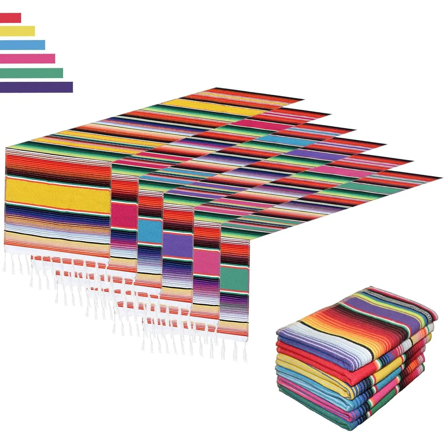 6 Pack Mexican Table Runners 14” x 84” Rainbow Colors Large Boho Mexican Theme Party Decoration for Cinco de Mayo Fiesta Party 6 Serape Table Runner (14” x 84”)