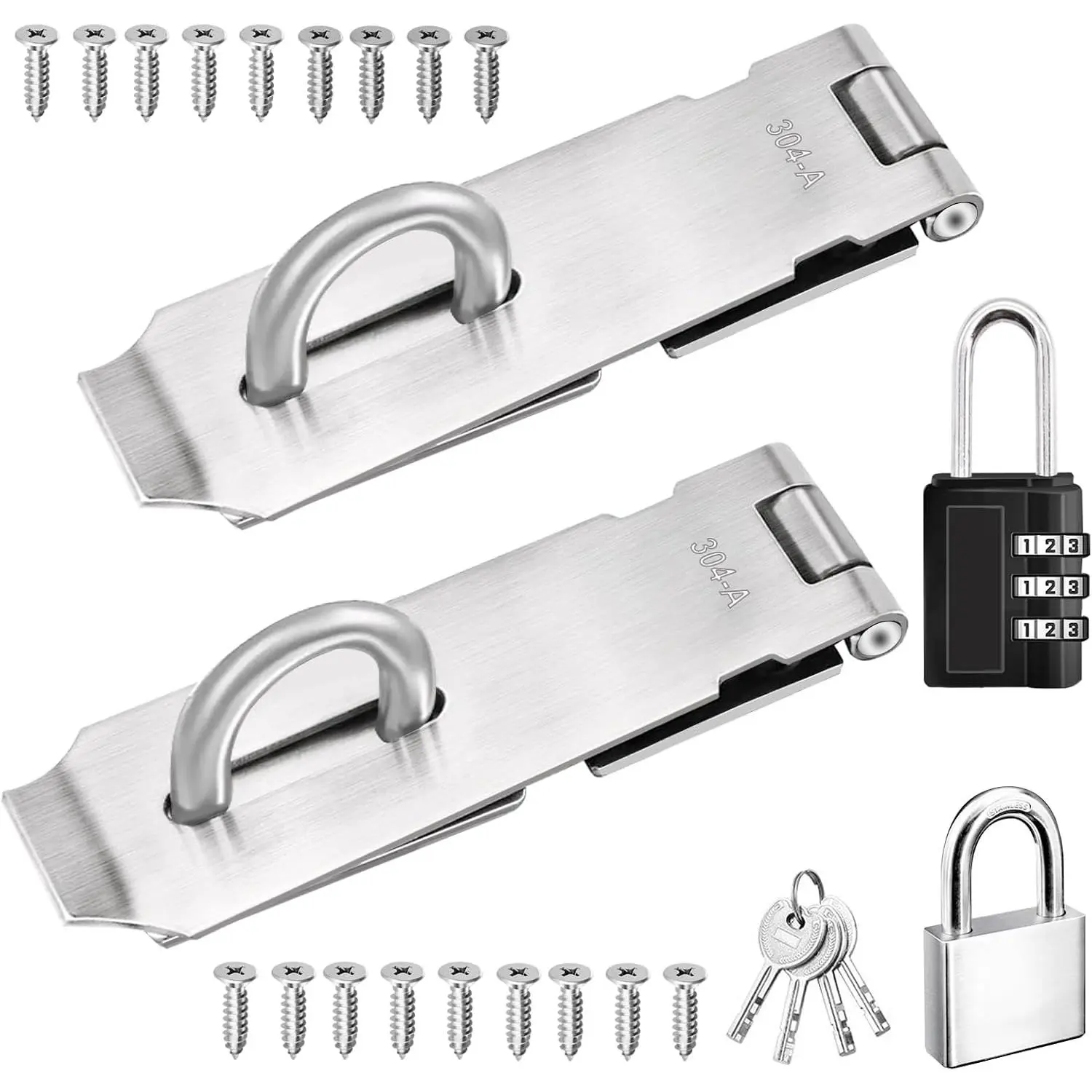 5 Inch Heavy Duty Hasp Latch 2 Pack,304 Stainless Steel Lock Hasp Padlock Hasp,Combo Padlock Included,Outdoor Gate Lock Latch Locking Hinge Latch,Latch Locks for Outside Door with Screws