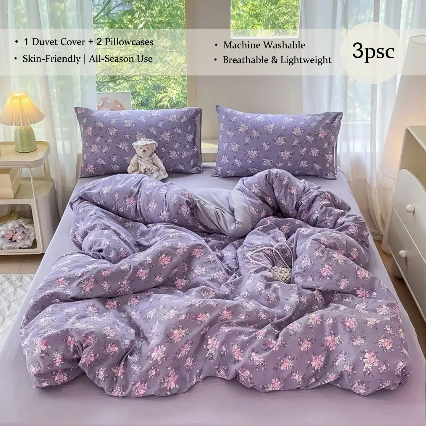 3pcs Vintage Purple Floral Duvet Cover Set Queen Size, Soft Skin-Friendly Microfiber Bedding 3 Piece with Pillowcases, Floral Bedding Sets, Machine Washable Aesthetic Bed Set for Bedroom Dorm, Multi Sizes