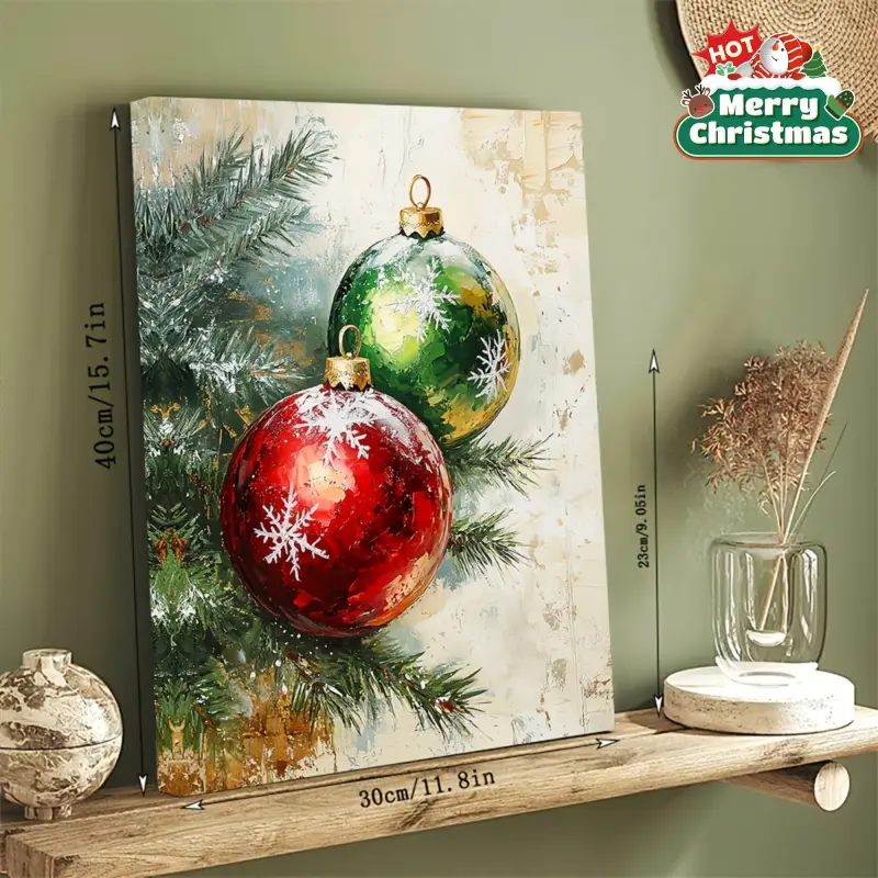 1 piece of vintage-style Christmas decorative canvas art - festive red and green snowflake design, framed wall decoration, perfect holiday gift, ready to hang