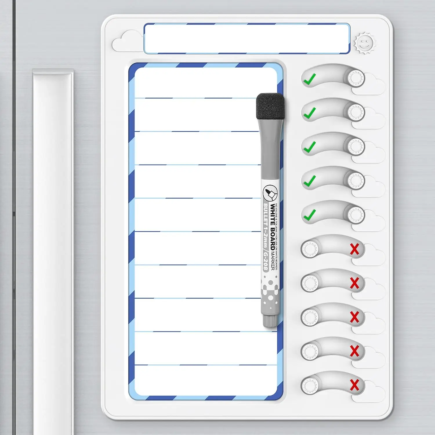 Chore Chart for  Dry Erase Chore Board  Tools for   Checklist Task Board Routine Chart Planning Board for Fridge with 10 Sliders and  Marker, White and Blue, 1 Pack