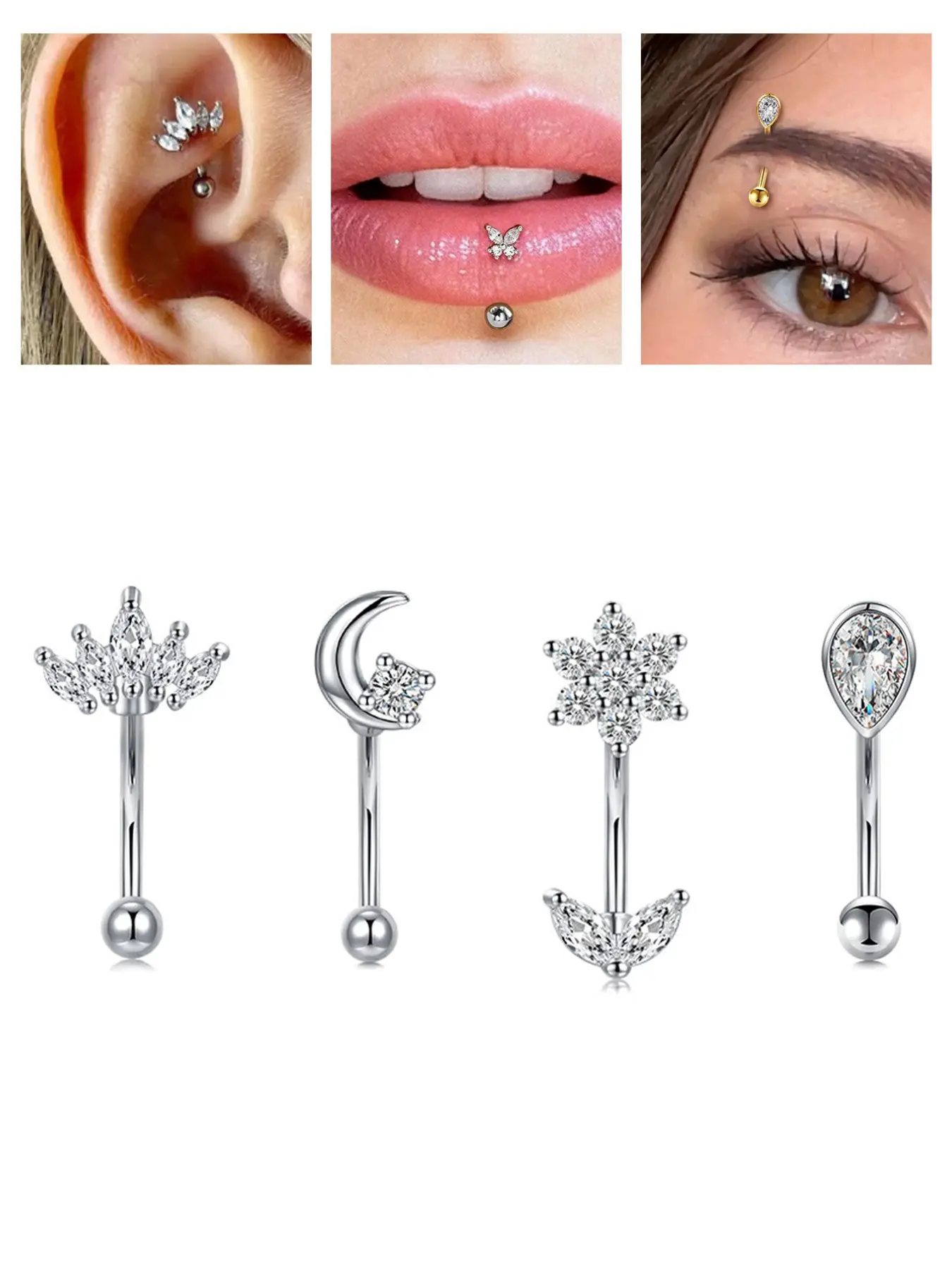 Stainless Steel Rook Daith Piercing Jewelry, 16g Eyebrow Ring, Cubic Zirconia Flower Design, Unisex, All Seasons, Casual Style, Face Jewels