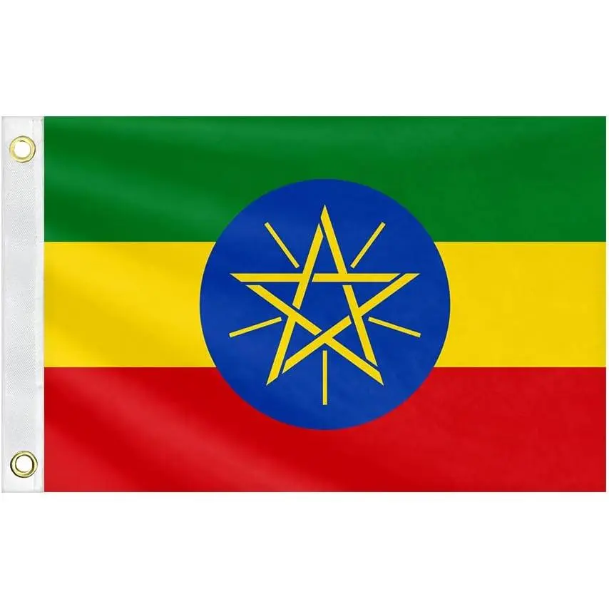 Ethiopia National Flag Horizontal Green Yellow Red Bands Blue Circle Golden Six Pointed Star Africa Patriotic Festival Hanging Flag