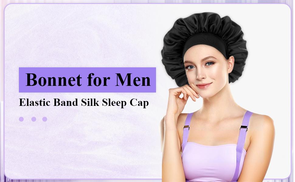 Silk Bonnet for Men, Satin Bonnet Double Layer Elastic Band Silk Sleep Cap Black Soft Adjustable Hair Cap Hair Wrap Large Bonnets for Women Sleeping