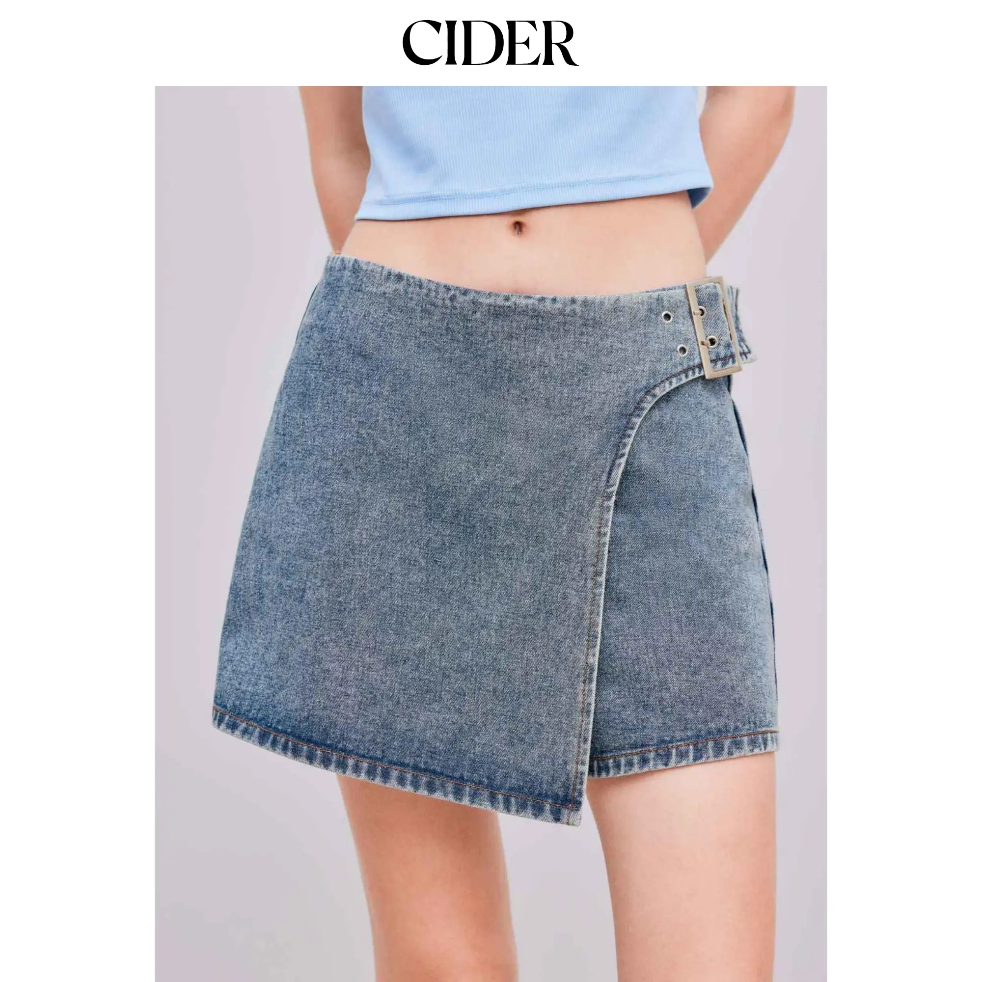 Cider [size 0-10] Denim High Rise Solid Buckle Up Mini Skort
