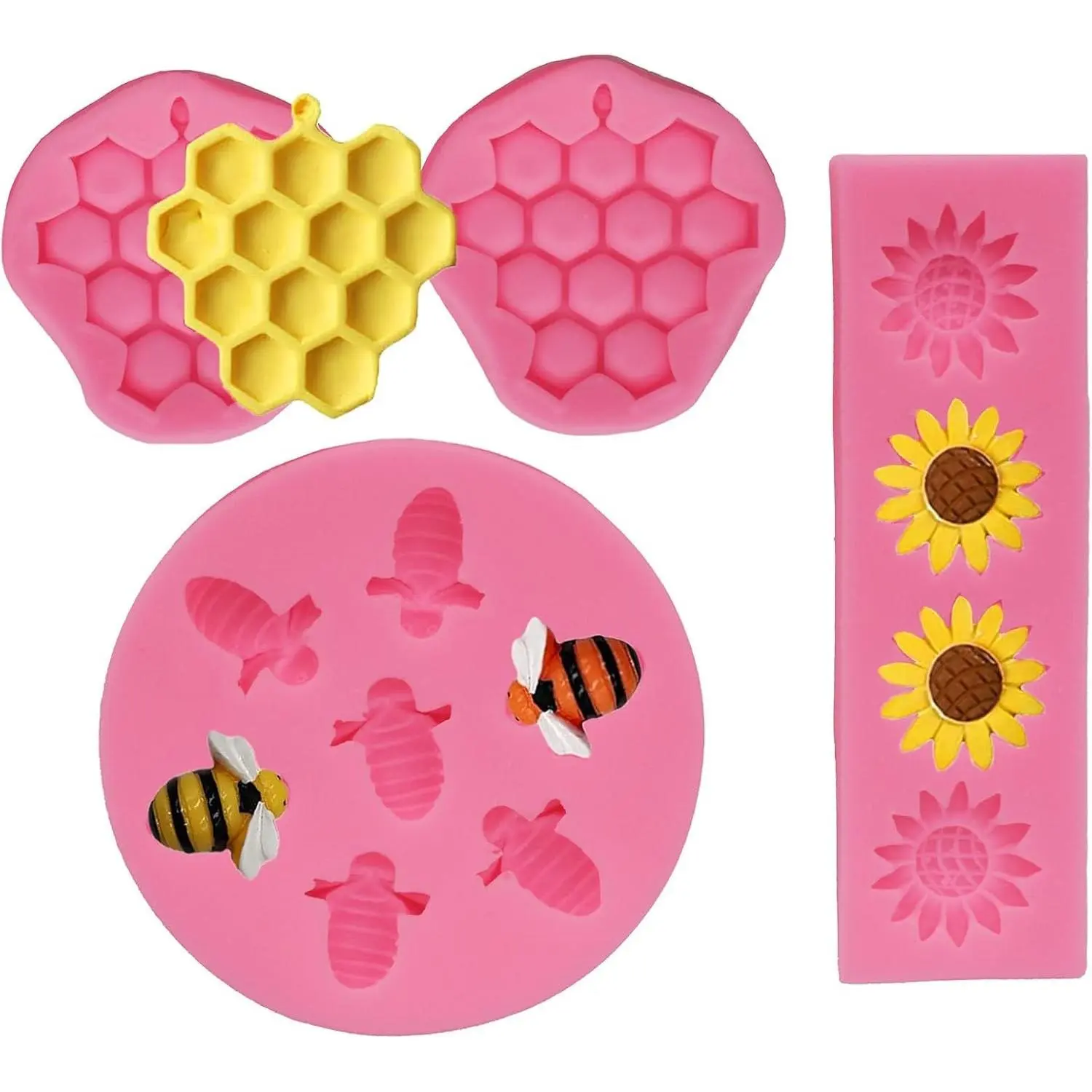 4 Pcs Bumble Bee Silicone Mold Honeycomb Sunflower and Bee Fondant Molds Kit Cupcake Hive DIY Chocolate Fondant Candy Cookies Crafting Party Wedding Cake Sugar Dessert Decorating Baking Mold (Pink)