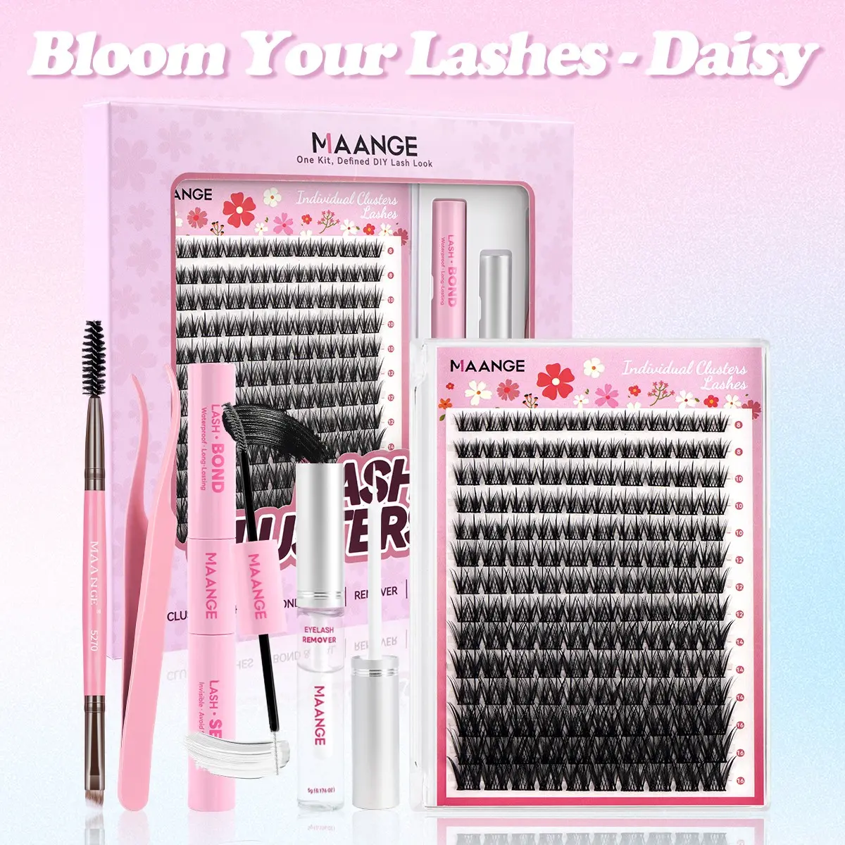 MAANGE All-in-One DIY Cluster Lash Kit, 140 Pcs 8-16mm Mixed Length Individual Lashes, Soft Faux Mink Wispy Segmented Lashes, Complete Tools with Lash Bond Seal, Remover, Tweezers & Double-ended Eyebrow Brush for Easy Home Self-Grafting