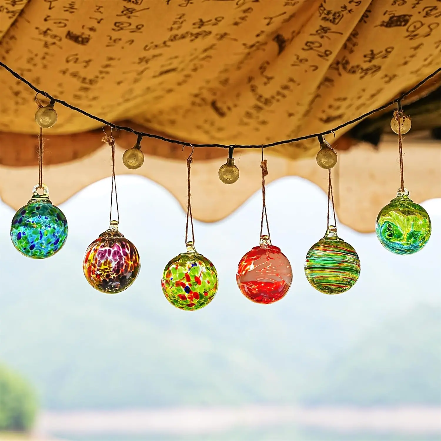 6pcs Round Hand-Blown Glass Hanging Ornament Balls - Witches Gazing Balls for Christmas Home Supplies, Room Decor, All Seasons Window Garden Patio Tree Décor, Outdoor