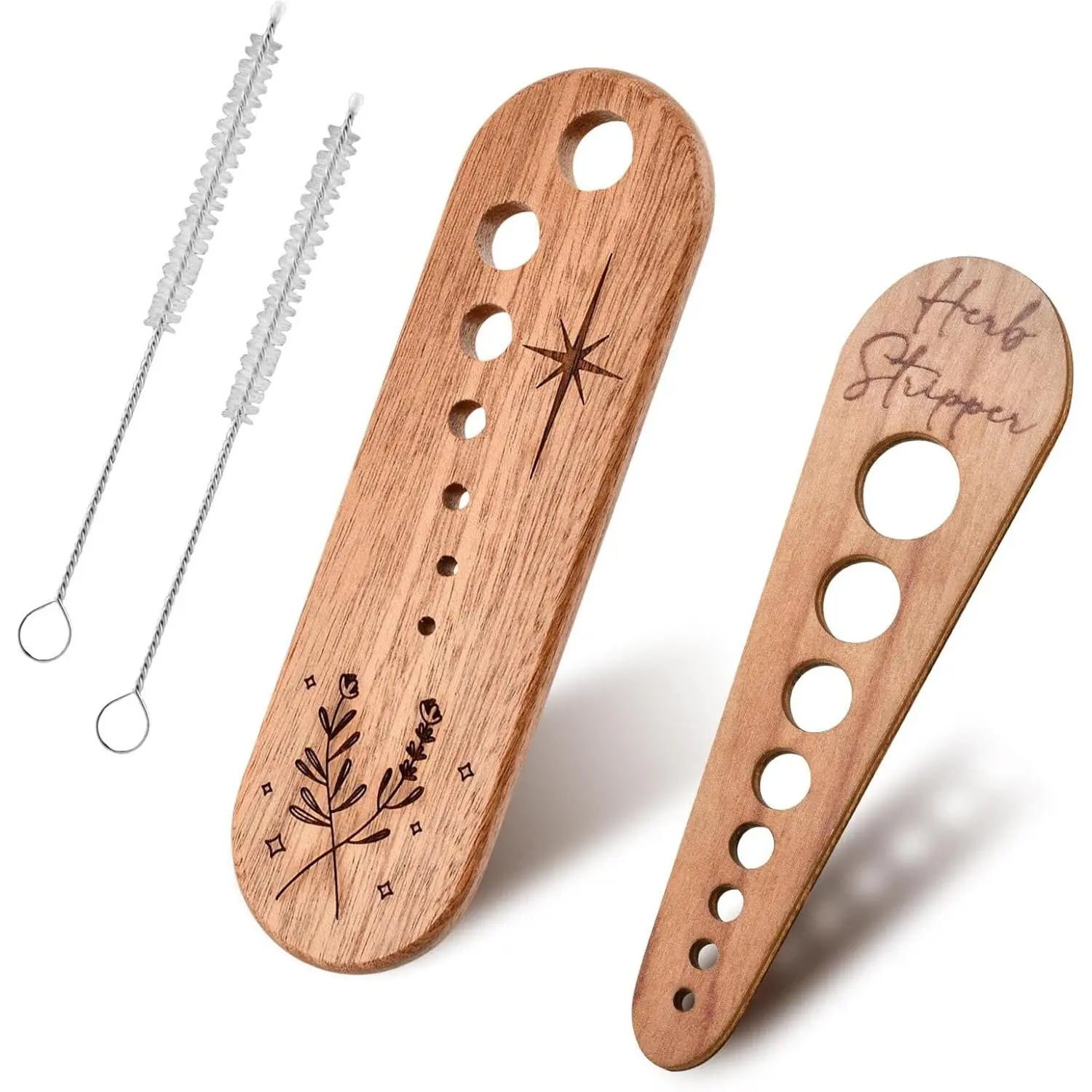 2 Wooden Vegetable Leaf Separator,Vegetable Leaf Herb Stripper Chopper Tool,with 2 Cleaning Brush,Fun Kitchen Gadgets,Exquisite Herb Stripper Bowl Gifts for Kitchen Home Chefs