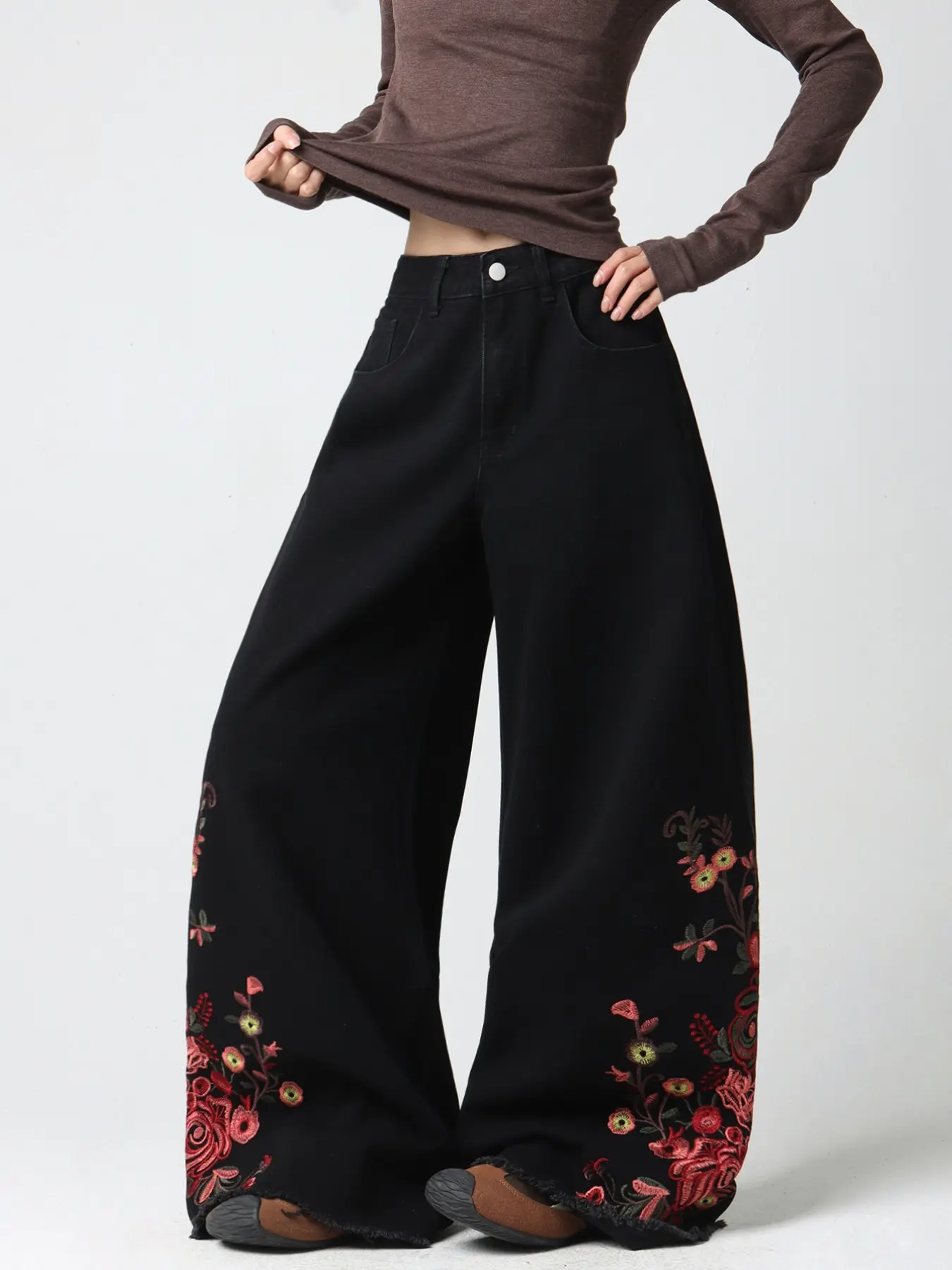 American Embroidered Floral Design Loose Fit Baggy Jeans, Fashion Streetwear High Waist Wide Leg Pants, Casual Women's Long Trousers