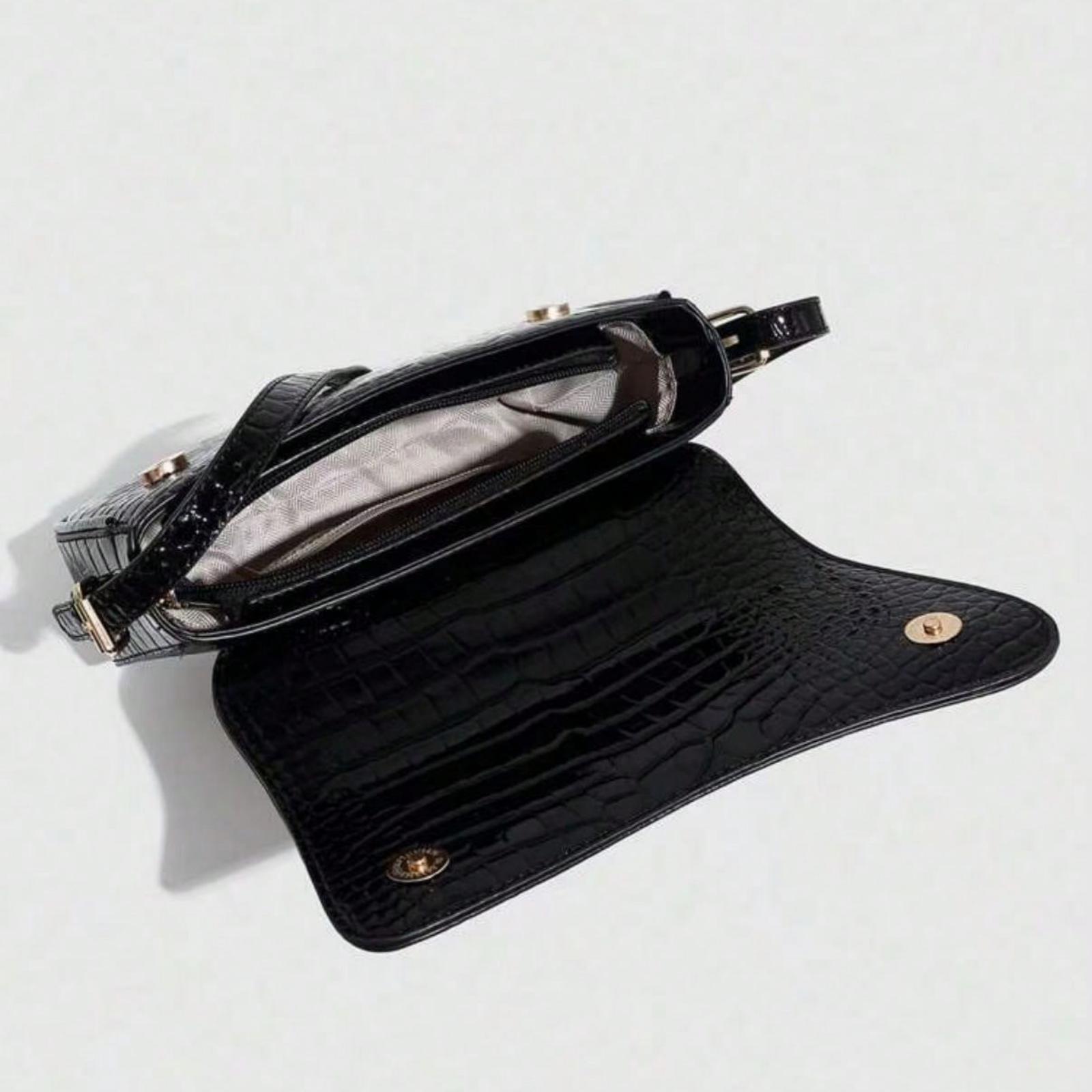 Women Faux Leather Shoulder Bag, Black Crocodile Pattern Square Bag, Versatile Patent Leather Purse, Y2K Crossbody/Underarm Bag, Fashionable Sling Bag, With Cherry Pendant Charm