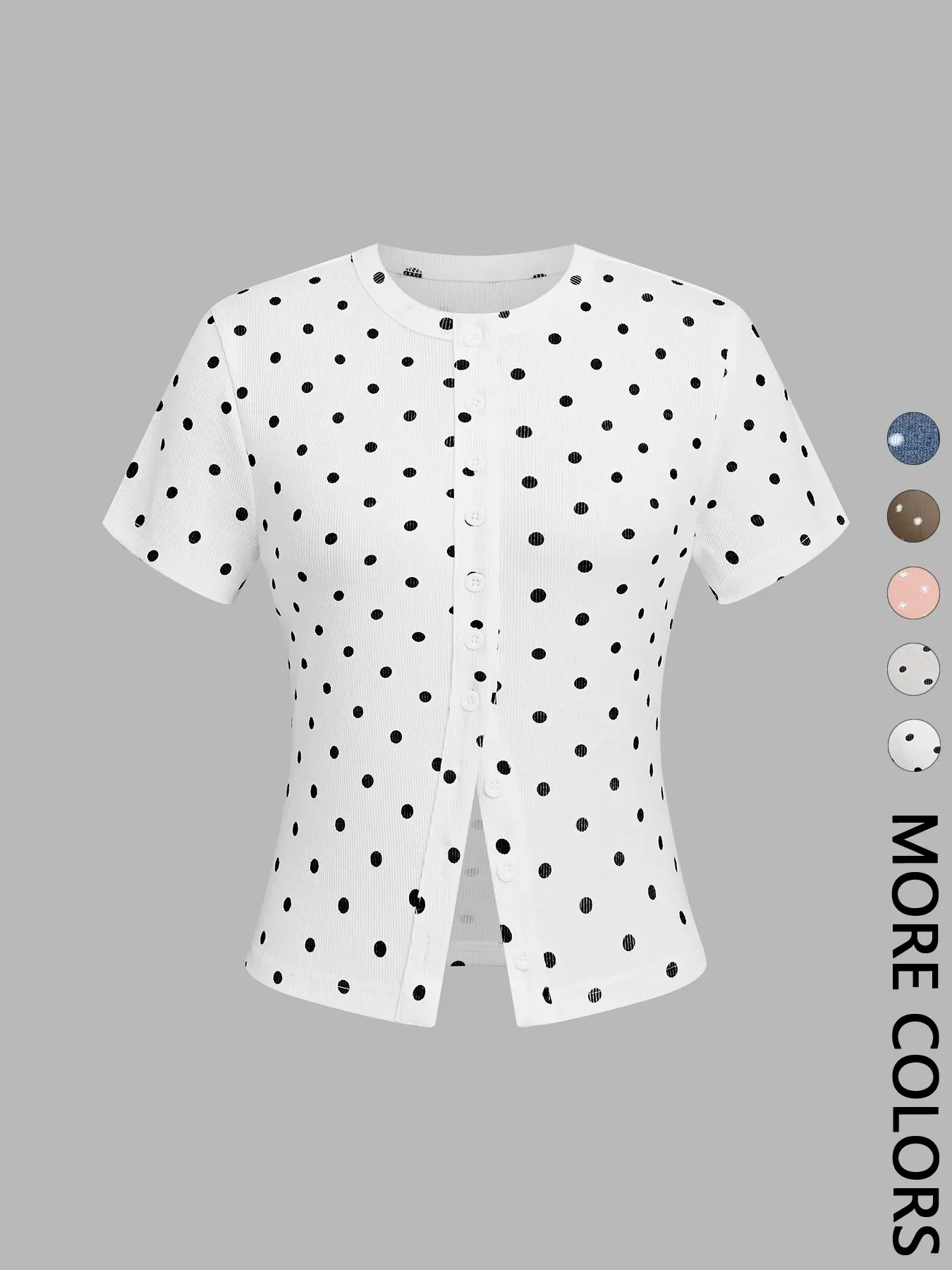 1 Piece Round Neck Short Sleeve Fitted Polka Dot Button Top, Versatile Essential for All Occasions
