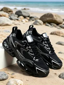 Men's Silver Color Chunky Sneakers, Breathable Mesh, Air Cushion Sole, Anti-Slip, Outdoor Running, Streetwear, All Seasons