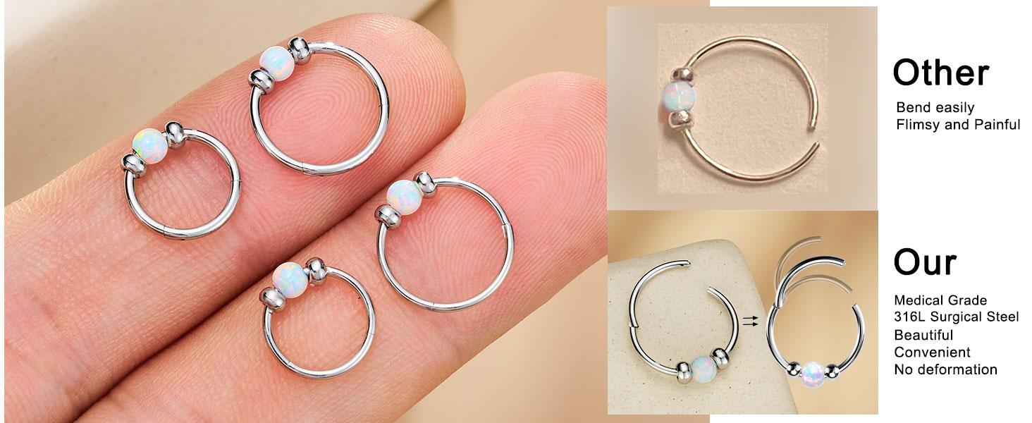 2PCS 316L Surgical Steel Nose Rings Hoop 18g 20g Opal Nose Rings for Women Septum Rings 8mm/10mm Nose Piercing Jewelry Cartilage Earring